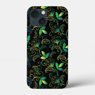 Floral Verde, Azul e Amarelo em Fundo Preto