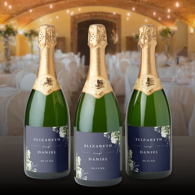 Floral Verde Elegante Casamento Azul Marinho (Greenery Floral Elegant Navy Blue Wedding Sparkling Wine Label)