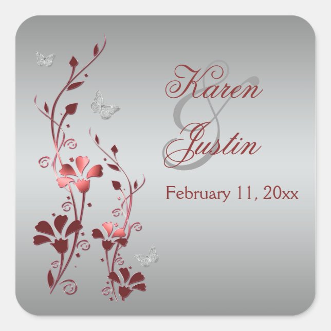 Floral Vermelho e Prateado com Adesivo de Borbolet (Frente)