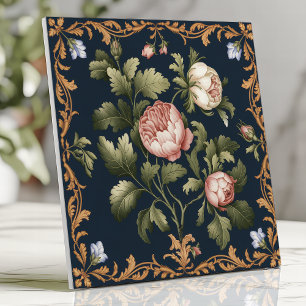 Floral Vitoriano Antigo Damasco Peônias Azul Marin
