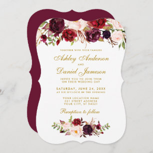 Floral Watercolor Burgundy Convite para Casamento 