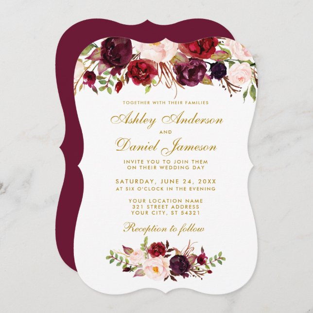 Floral Watercolor Burgundy Convite para Casamento  (Frente/Verso)