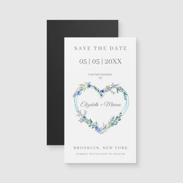 Floral Watercolor Heart with Leaves in Blue (Frente/Verso)