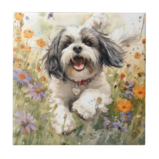 Floral Watercolor Shih Tzu que corre através da fl