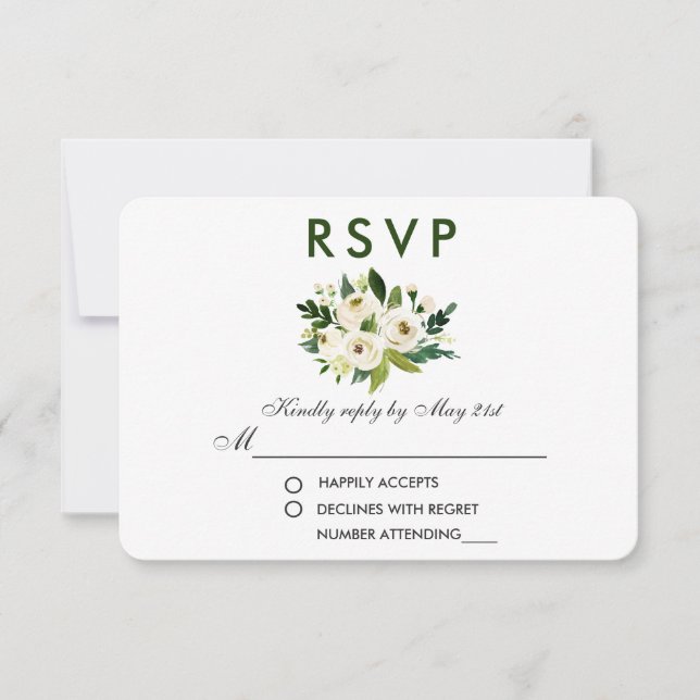 Floral Watercolor Verde Casamento Branco RSVP (Frente)