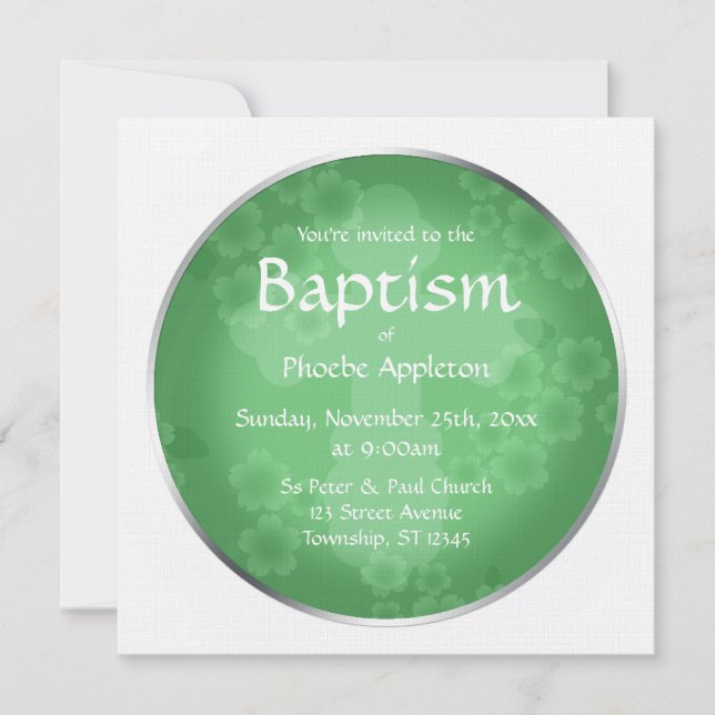 Floral Watermark Jade Green Baptism Convites (Frente)