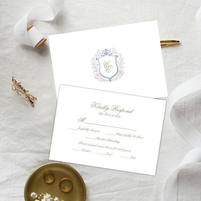 Floral Wedding Monogram Crest RSVP Card (Criador carregado)