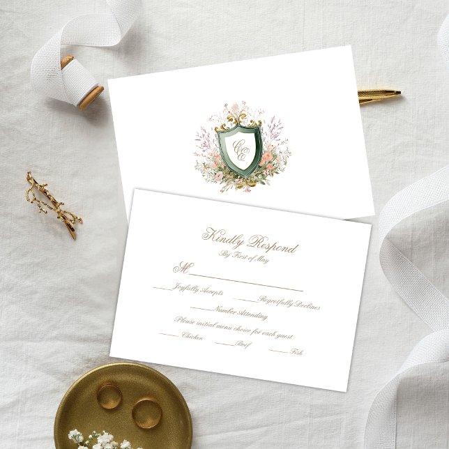 Floral Wedding Monogram Crest RSVP Card (Criador carregado)