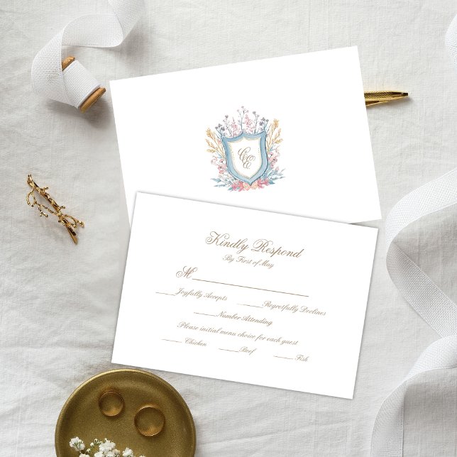 Floral Wedding Monogram Crest RSVP Card (Criador carregado)