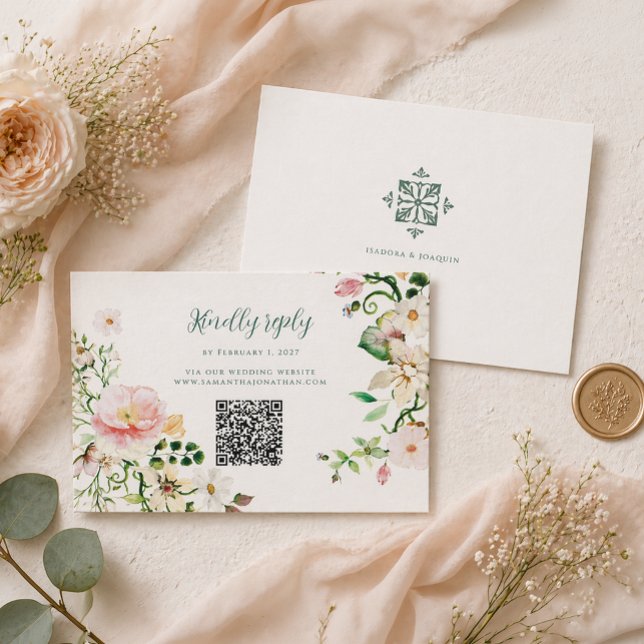 Floral Wedding RSVP Card with QR Code (Criador carregado)