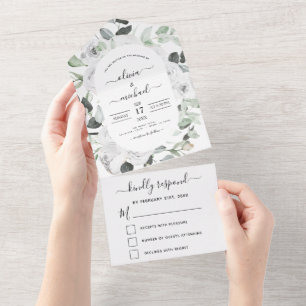 Floral White Roses Eucalyptus Wedding RSVP