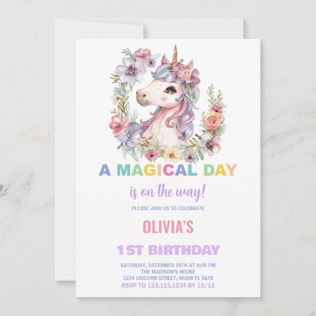 Florals Unicorn - Convites de Aniversário (Frente)