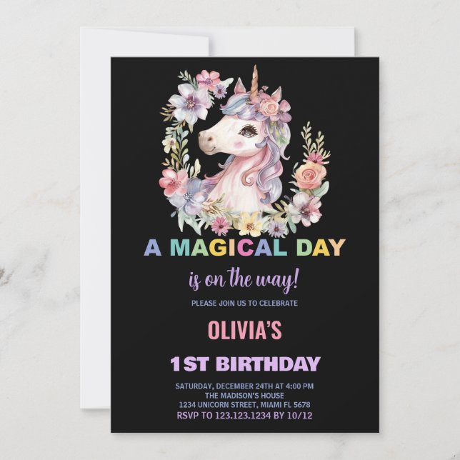 Florals Unicorn - Convites de Aniversário (Frente)