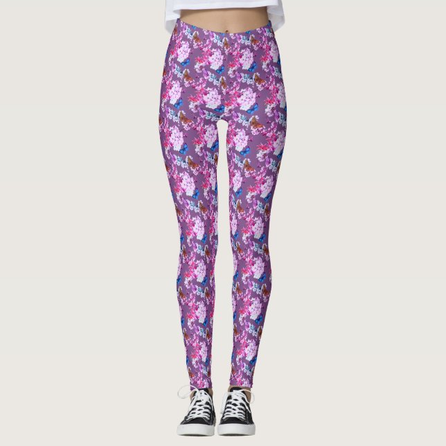 Floreal Rosa Em Mauve Com Borboletas Leggings (Frente)
