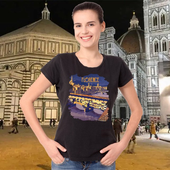 Florence Ponte Vecchio Camiseta de Viagem Noturna (Florence, Black t-shirt for women)