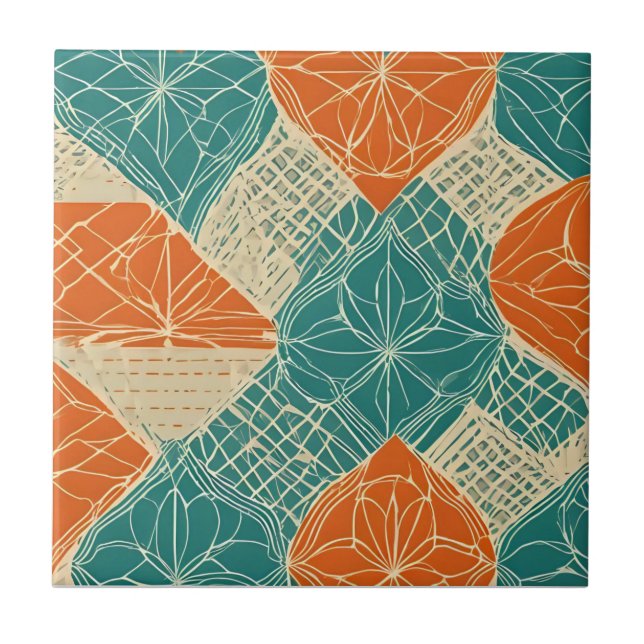 Flores Abstratas Azul-Verde, Laranja e Bege (Frente)