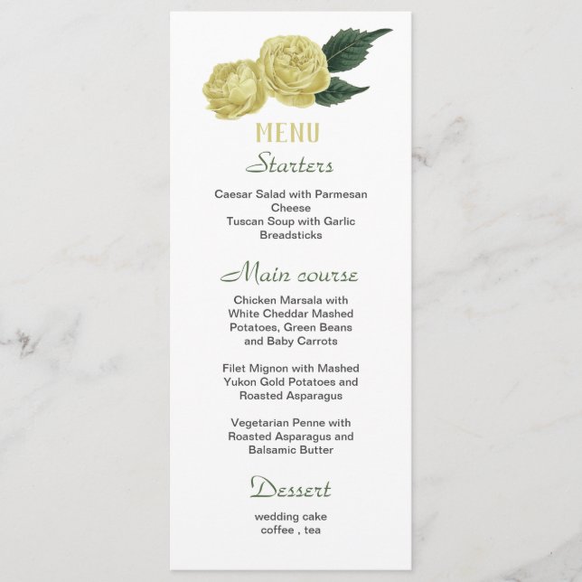 flores amarelas folhas verdes menu casamento (Frente)