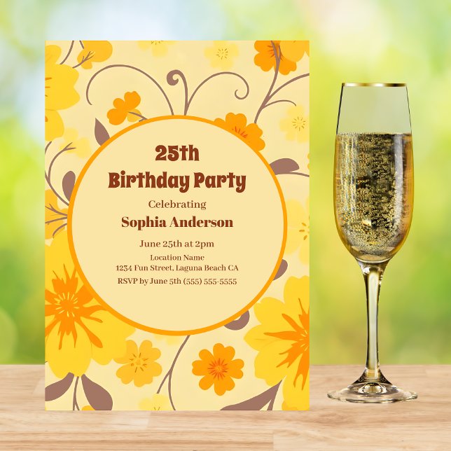 Flores Amarelas Sol Retro - Convite de Aniversário (Retro Sunshine Yellow Flowers-Birthday Invitation )