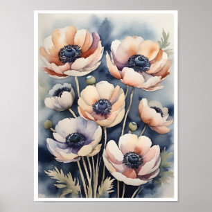 Flores Anêmonas Poster de cor de água feita à mão