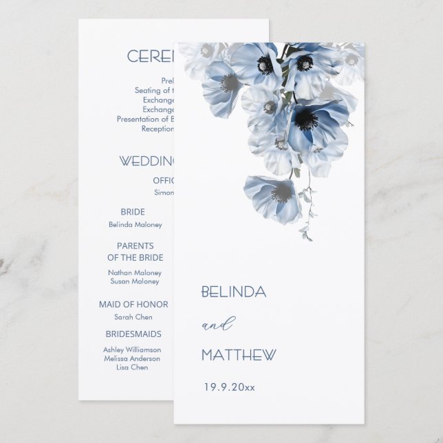 Flores Azuis Artísticas | Programa de Casamento (Frente/Verso)
