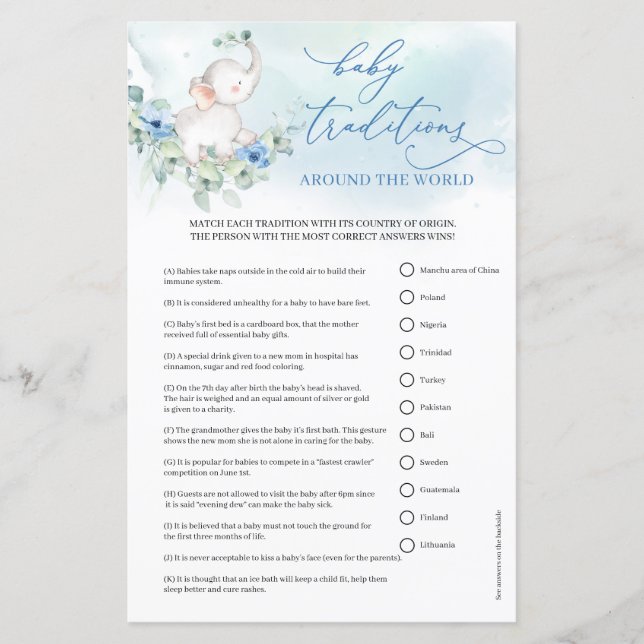 Flores azuis Boho, elefante, Tradição de Bebê (Frente)