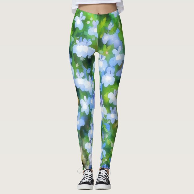 Flores Azuis Cachorras Leggings Florais De Arte Po (Frente)