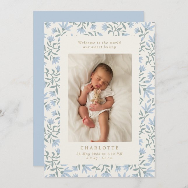 Flores azuis | cartão de anúncio de nascimento beb (Frente/Verso)