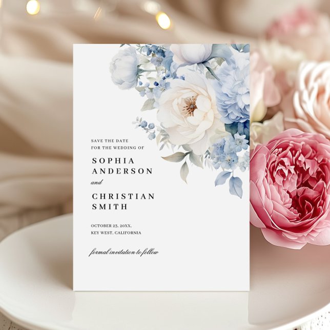 Flores Azuis E Brancas Casamento Guardar O Cartão  (Criador carregado)