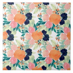 Flores Azuis Elegantes Rosa Laranja Aquarela Flora