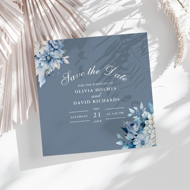 Flores Azuis Elegantes Salvem o Cartão (Boho Floral Pampas Grass Wedding Save the Date on a sunny white table.)