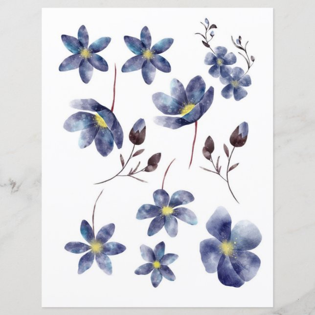 Flores azuis em aquarela para recortar e colar (Frente)