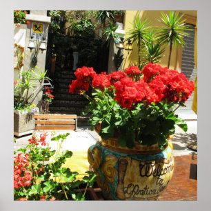 FLORES AZUIS VERMELHOS NO POSTER DE POTE CERÂMICO