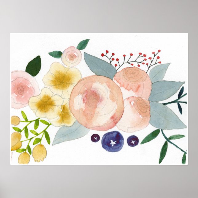 Flores, Berries e Folhas de Poster de Aquarela (Frente)