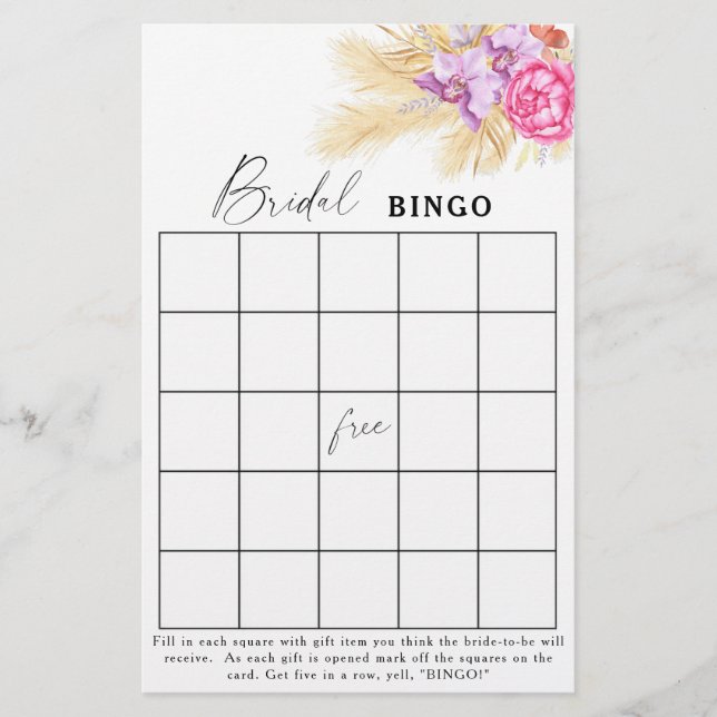 flores boho - Jogo de bingo para chá de noiva (Frente)