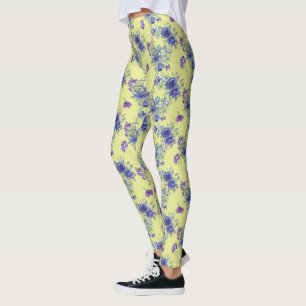 Flores bonito de Aquarela Azul em Leggings Amarela