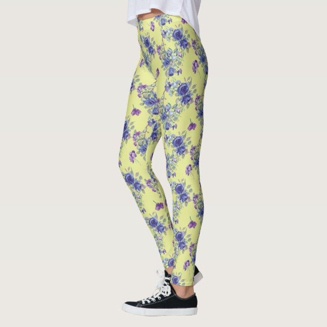 Flores bonito de Aquarela Azul em Leggings Amarela (Esquerda)