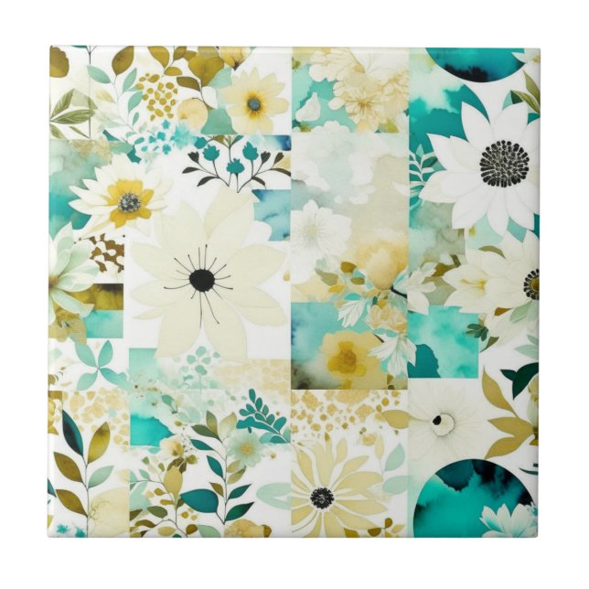 Flores bonito de Arte Folclórica Branca e Turquesa (Frente)