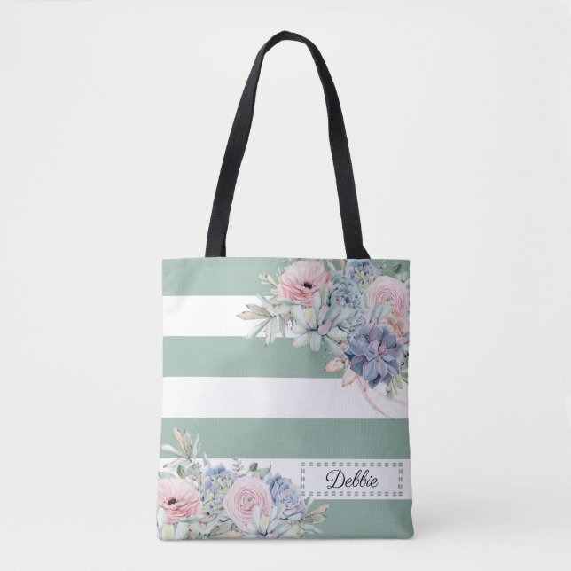 Flores bonito E Sage Green Stripes Tote Bag (Frente)