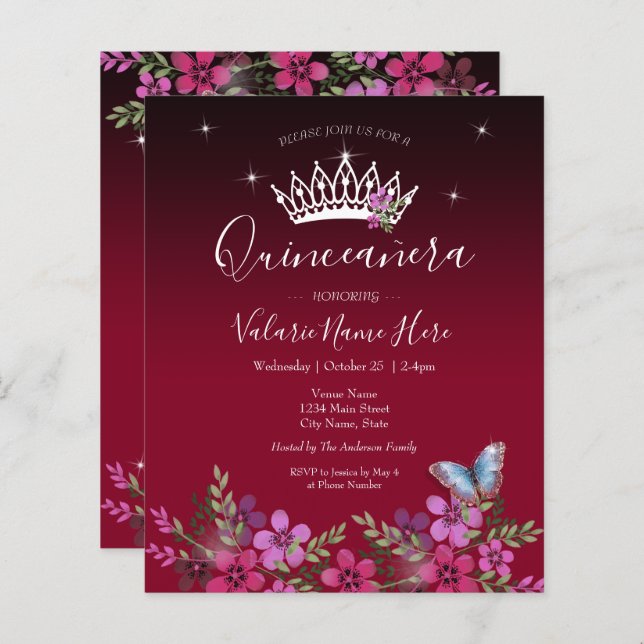 Flores Borboleta Quinceanera Orçamento Convite (Frente/Verso)