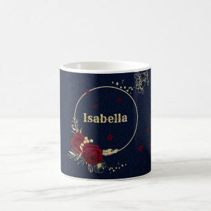 flores borgonha folhas douradas caneca de café azu