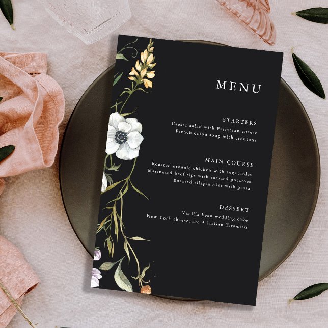 Flores Botânicas Escuras | Menu Casamento Elegante (A trendy and whimsical wedding menu featuring colorful wildflowers)