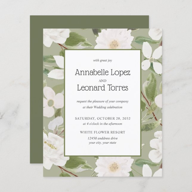 Flores brancas chic do orçamento folhas casadas am (Frente/Verso)