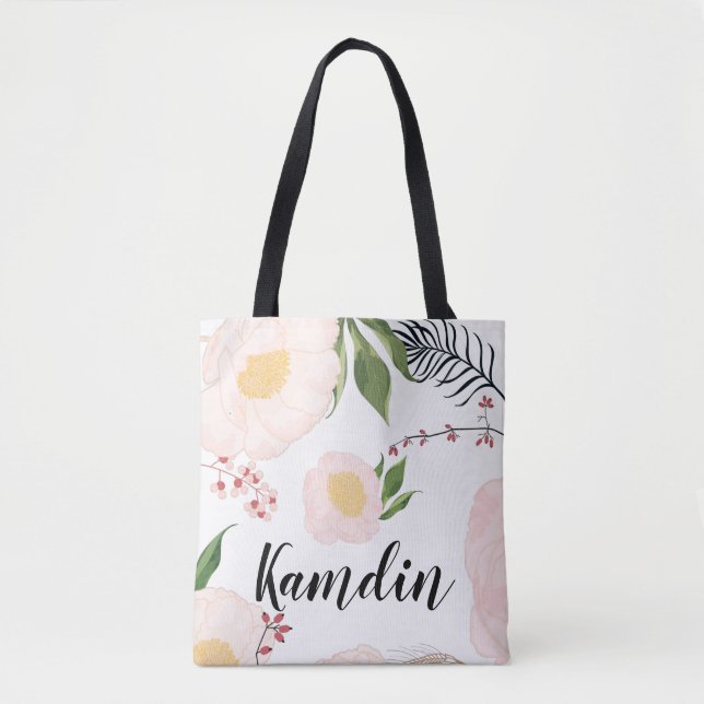 Flores Brancas de Tote Bag Personalizadas em Branc (Frente)