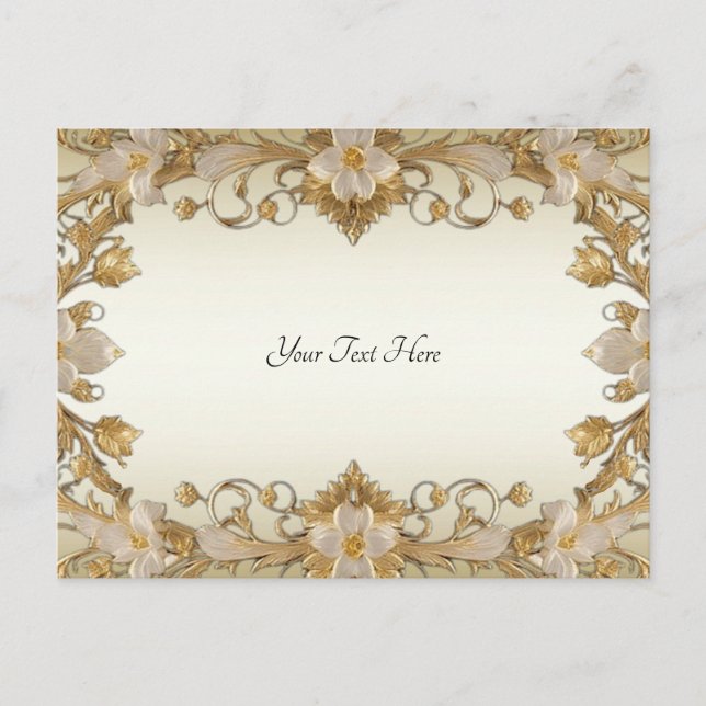 Flores Brancas Decoração Cartão Postal Dourado (Frente)