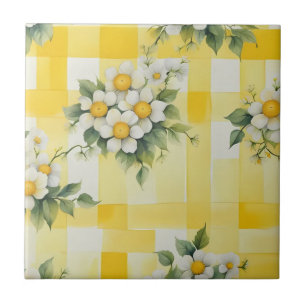 Flores Brancas e Amarelas em Xadrez Amarelo de Faz
