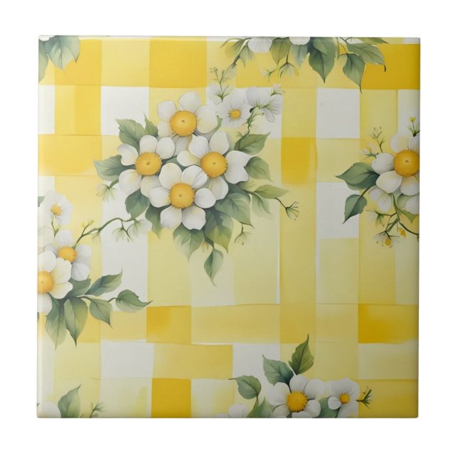 Flores Brancas e Amarelas em Xadrez Amarelo de Faz (Frente)