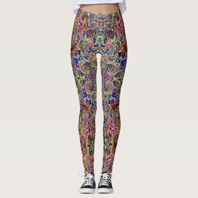 Flores brancas e coloridas padrões leggings (Frente)