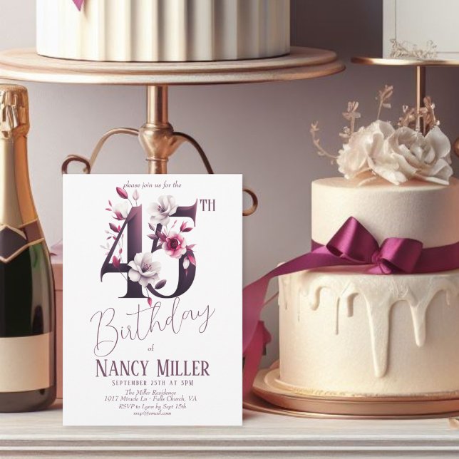 Flores brancas e magenta 45. Convite de aniversári (Criador carregado)