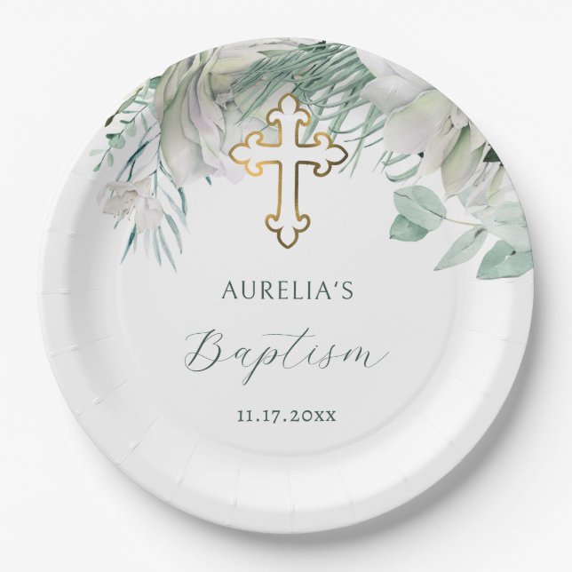 Flores brancas e pratos de batismo verde (Frente)