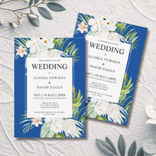 Flores Brancas no Convite de Casamento Azul